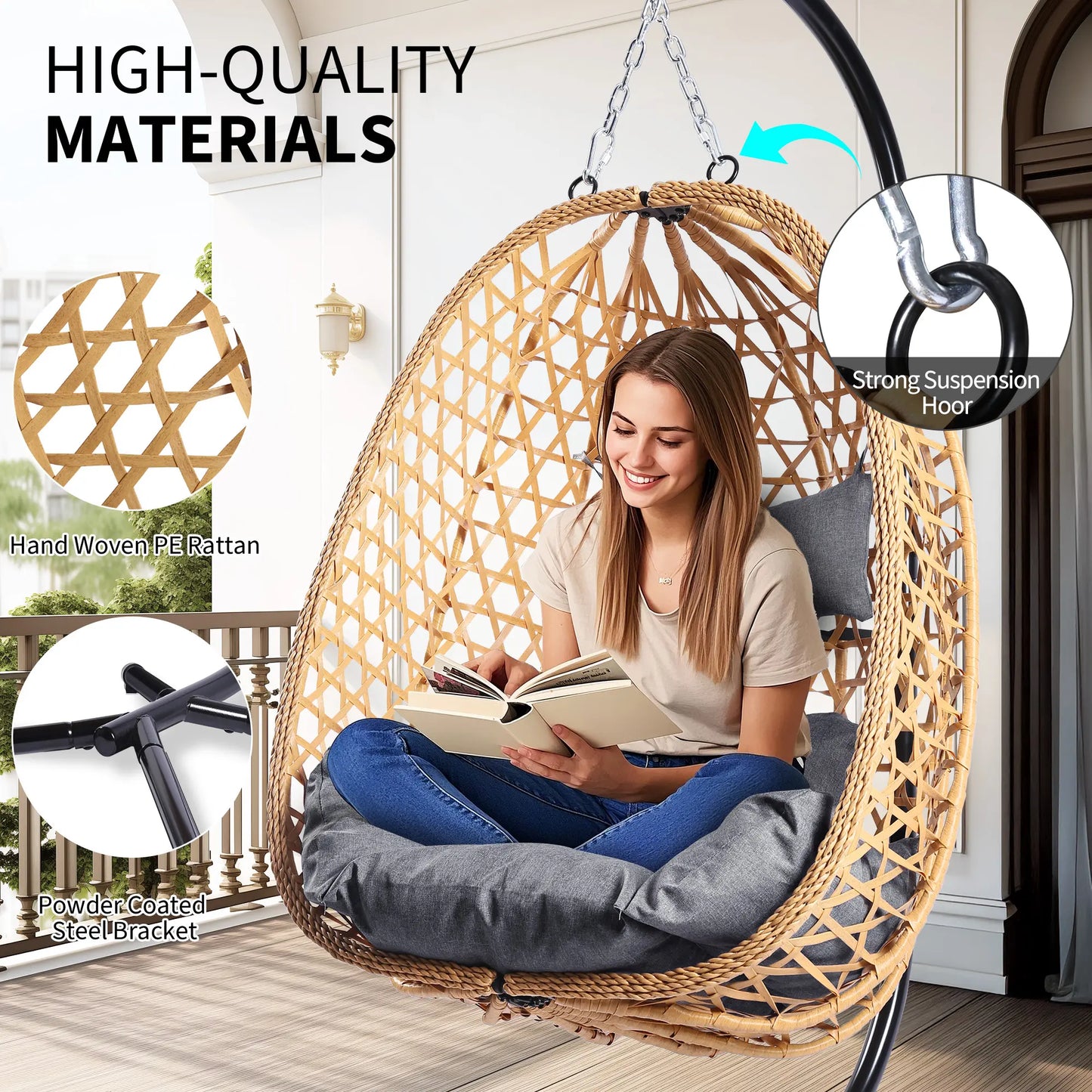 Boho Hanging Egg Chair with Stand – 350 lbs Capacity Patio Swing Chair with Cushions, Indoor & Outdoor Hammock Chair for Balcony, Garden & Bedroom