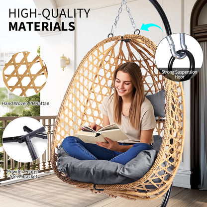 Boho Hanging Egg Chair with Stand – 350 lbs Capacity Patio Swing Chair with Cushions, Indoor & Outdoor Hammock Chair for Balcony, Garden & Bedroom