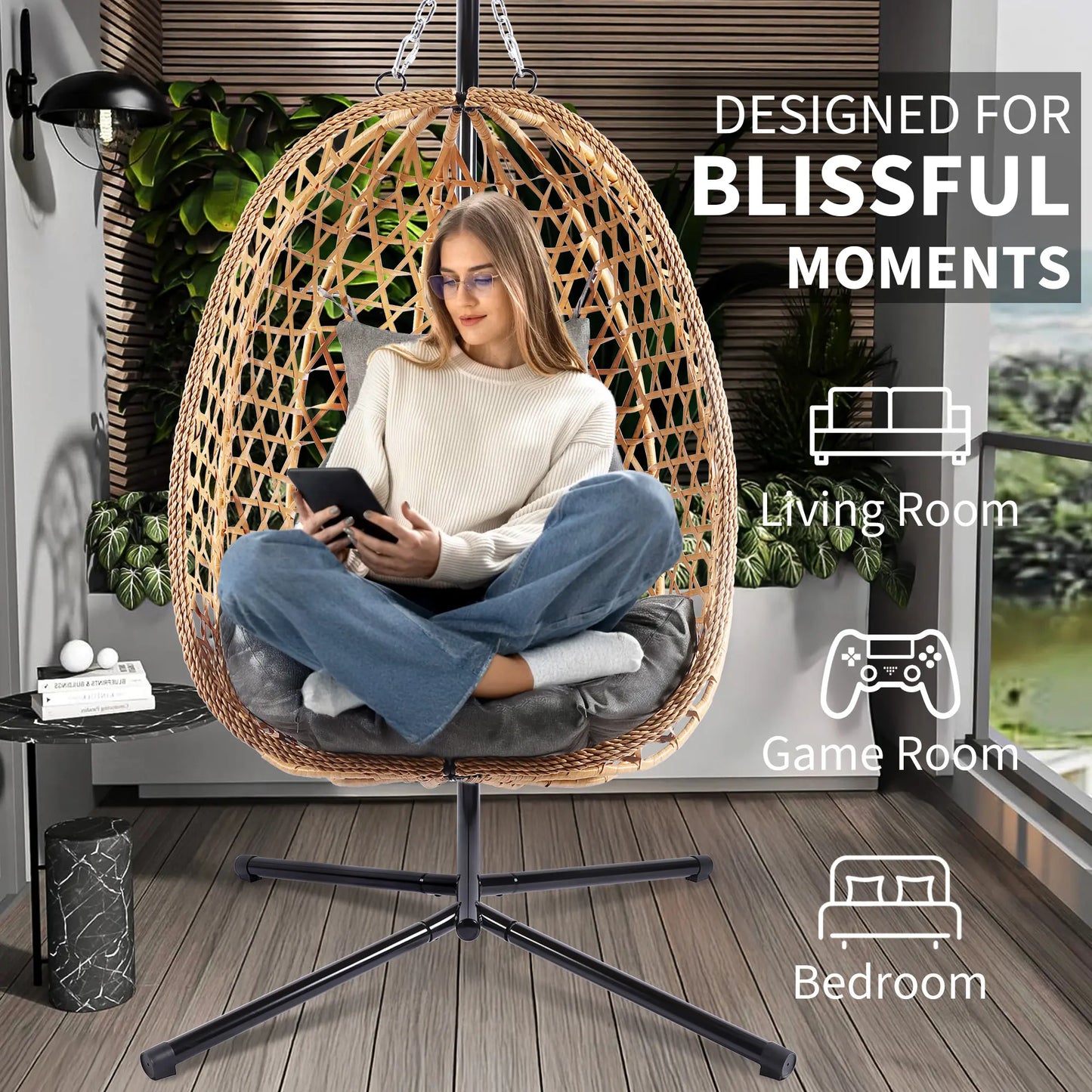 Boho Hanging Egg Chair with Stand – 350 lbs Capacity Patio Swing Chair with Cushions, Indoor & Outdoor Hammock Chair for Balcony, Garden & Bedroom