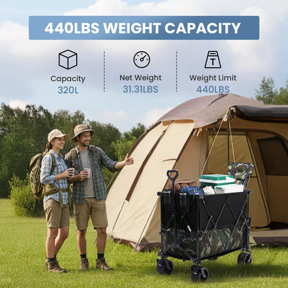 Heavy Duty Folding Wagon by Sweetcrispy – 320L Capacity, Double Decker Storage, All-Terrain Wheels, Brakes & Adjustable Handle for Outdoor Activities