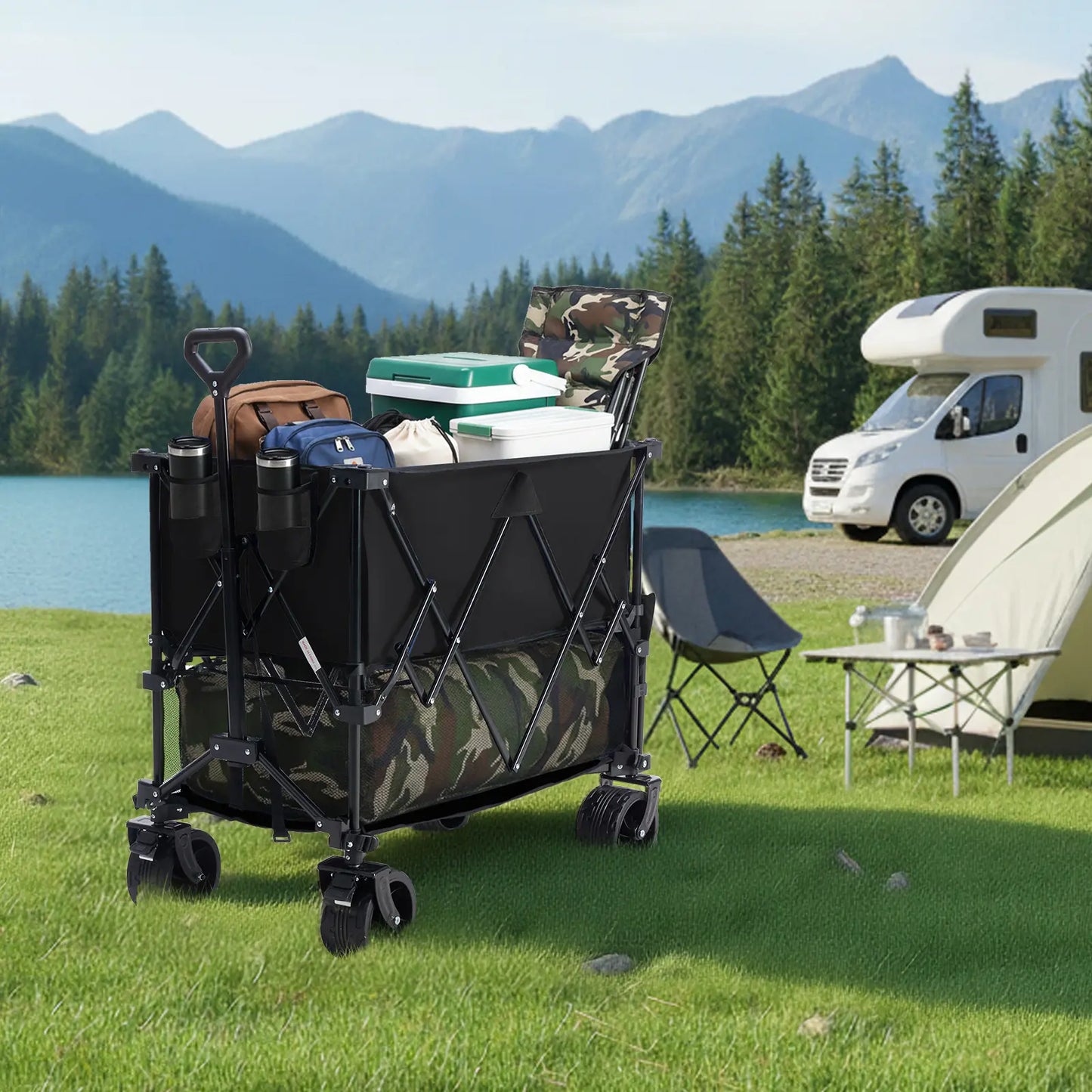 Heavy Duty Folding Wagon by Sweetcrispy – 320L Capacity, Double Decker Storage, All-Terrain Wheels, Brakes & Adjustable Handle for Outdoor Activities