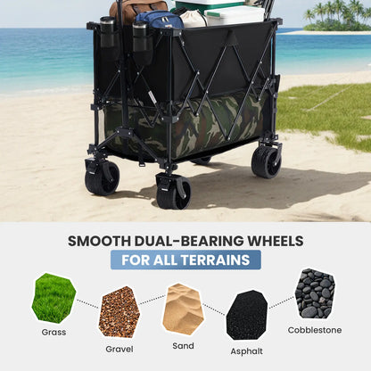 Heavy Duty Folding Wagon by Sweetcrispy – 320L Capacity, Double Decker Storage, All-Terrain Wheels, Brakes & Adjustable Handle for Outdoor Activities