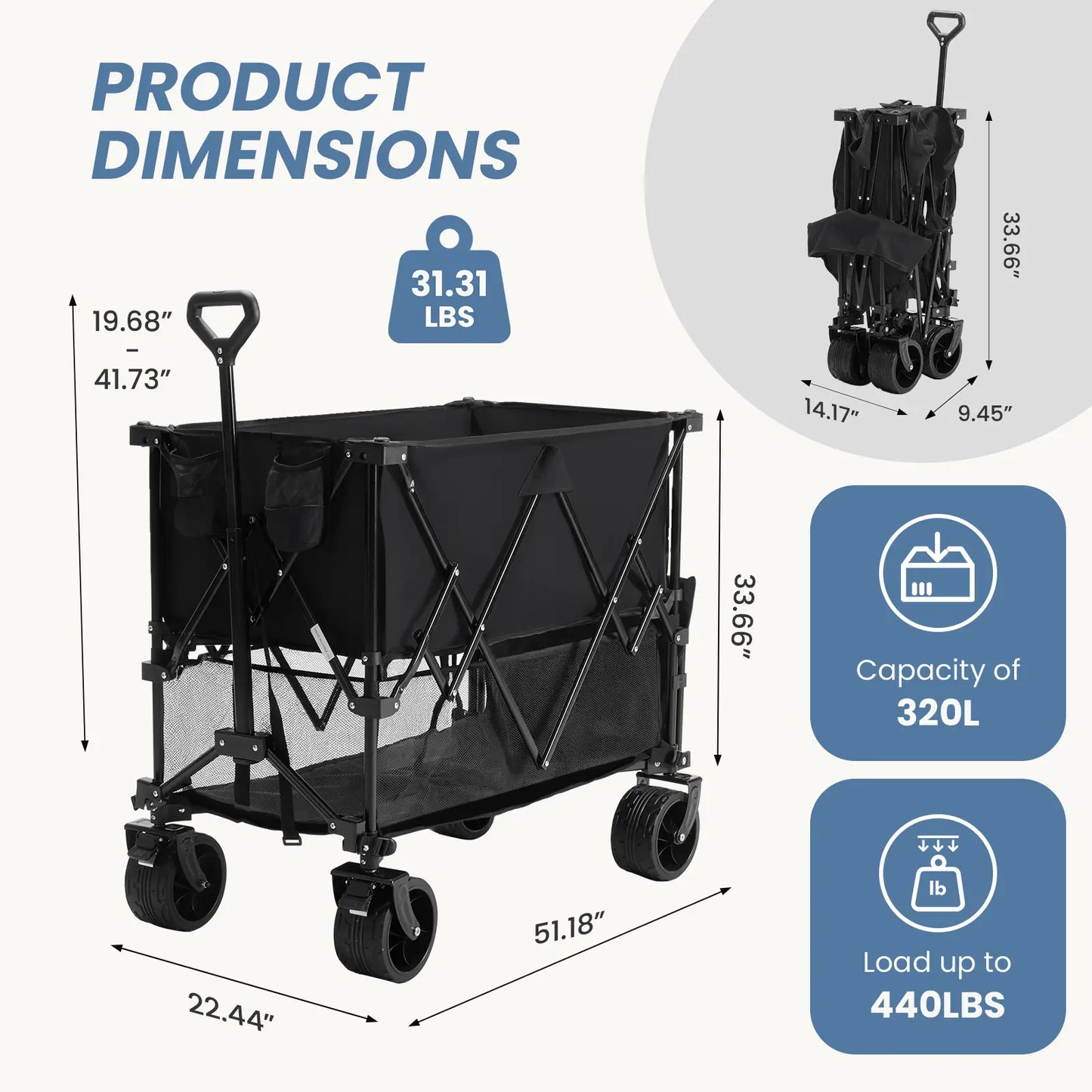 Heavy Duty Folding Wagon by Sweetcrispy – 320L Capacity, Double Decker Storage, All-Terrain Wheels, Brakes & Adjustable Handle for Outdoor Activities