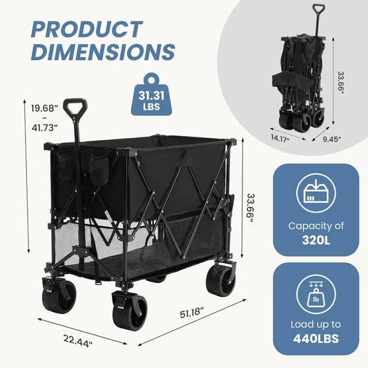 Heavy Duty Folding Wagon by Sweetcrispy – 320L Capacity, Double Decker Storage, All-Terrain Wheels, Brakes & Adjustable Handle for Outdoor Activities