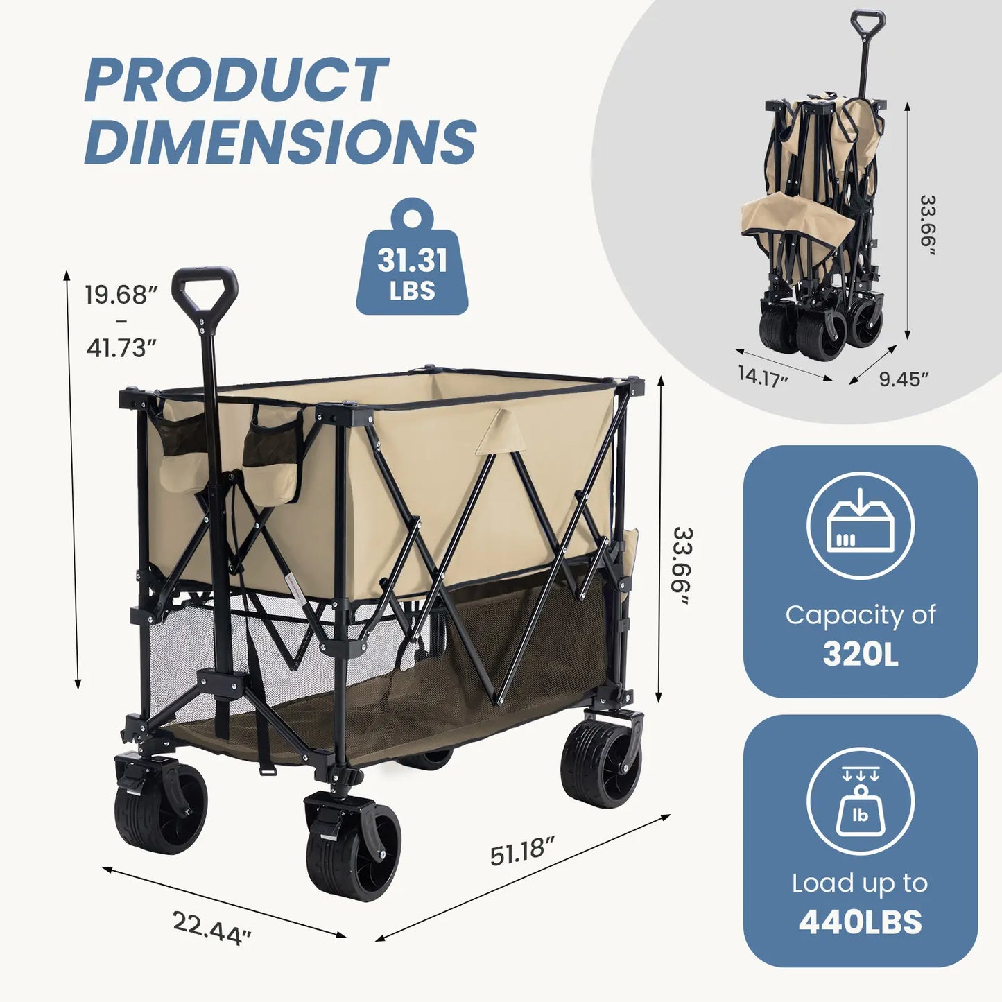 Heavy Duty Folding Wagon by Sweetcrispy – 320L Capacity, Double Decker Storage, All-Terrain Wheels, Brakes & Adjustable Handle for Outdoor Activities