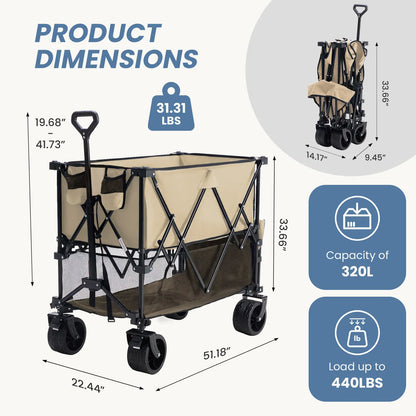 Heavy Duty Folding Wagon by Sweetcrispy – 320L Capacity, Double Decker Storage, All-Terrain Wheels, Brakes & Adjustable Handle for Outdoor Activities