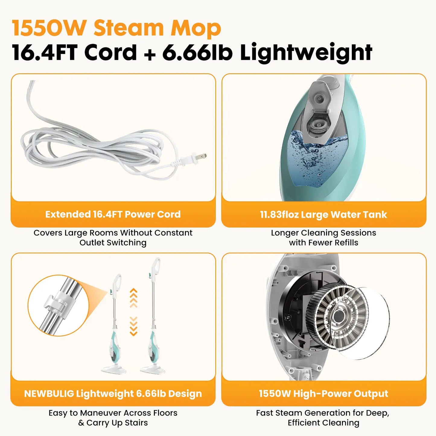 Lightweight Steam Mop Floor Cleaner – Multi-Surface Cleaning for Hardwood, Tile, Laminate Floors & Carpet, Easy Home Deep Cleaning Tool